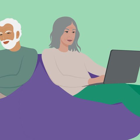Illustrazione di due persone anziane con laptop, corredata da testo: «Presso AXA i collaboratori a partire dai 50 anni: il 33% lavora a tempo parziale».
