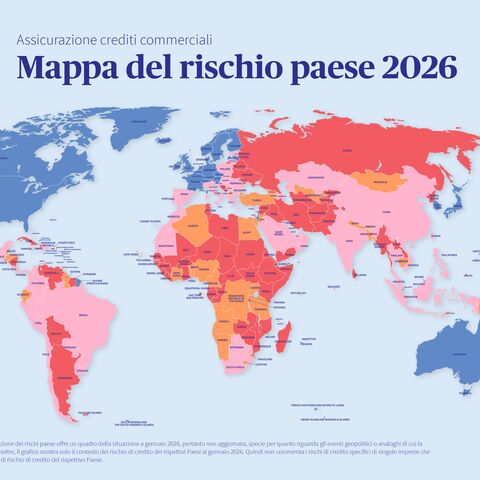 Mappa mondiale dei rischi paese dell'assicurazione crediti 2024 di AXA, codificata in base al livello di rischio: basso (verde), medio (giallo), alto (rosa), molto alto (rosso).