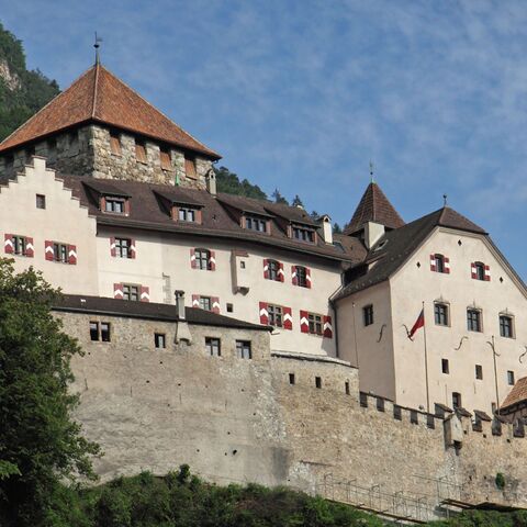 Le château de Vaduz trône sur une colline boisée sous un ciel bleu.