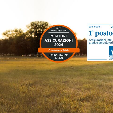 Un padre gioca con il figlio in un campo soleggiato, accanto a lui ci sono i premi per la migliore assicurazione e il 1° posto per i supplementi assicurativi ambulatoriali.
