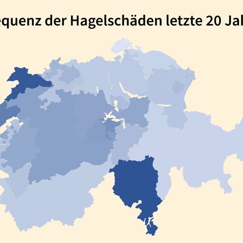Eine Karte der Schweiz zeigt die Häufigkeit von Hagelschäden in den letzten 20 Jahren, farblich von 0,67% (hell) bis 4,50% (dunkel) abgestuft.