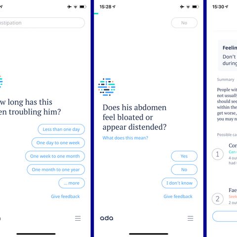 Three screens of a medical app with questions about symptoms and possible diagnoses, including constipation and hypothyroidism.