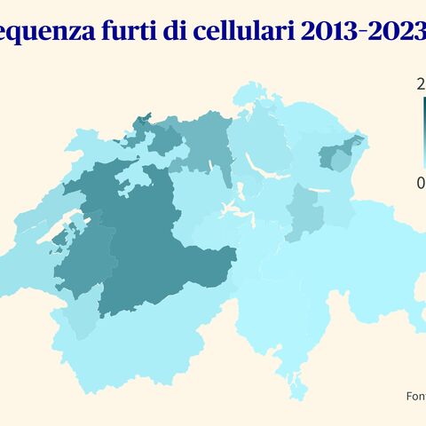 Una cartina della Svizzera mostra la frequenza dei furti di cellulari tra il 2013 e il 2023; i colori più scuri significano tassi più elevati di furto.