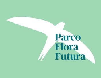 Grafica di un uccello in bianco con Flora Futura Park in verde davanti.