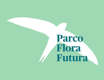 Immagine di un uccello in bianco che fa da sfondo alla scritta in verde «Parco Flora Futura».
