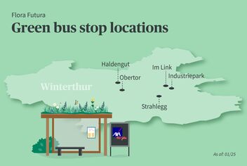 Image of green bus stop locations. At the bottom left is the bus stop and behind it is a map of Winterthur.