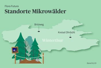 Eine Karte der Standorte der Mikrowälder in Winterthur. Links unten steht der Mikrowald.