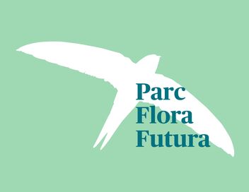 Graphisme d'un oiseau en blanc, devant lequel se trouve Flora Futura Park en vert.