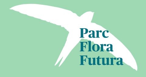 Graphique d'un oiseau en blanc, devant lequel se trouve Flora Futura Park en vert.