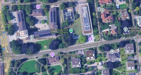 Immagine satellitare di un quartiere di Winterthur con strade visibili e luoghi contrassegnati come l'AXA Flora Futura Park.