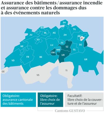 La carte de la Suisse montre les différences cantonales en matière d’assurance des bâtiments, d’assurance incendie et d’assurance contre les dommages dus à des événements naturels dans différentes couleurs.