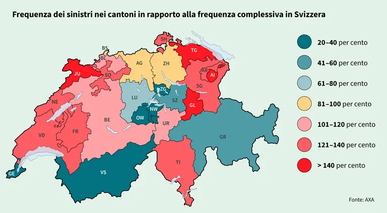 Una cartina a colori della Svizzera mostra la frequenza dei sinistri nei vari cantoni rispetto alla frequenza nazionale, dal 20% a oltre il 140%.