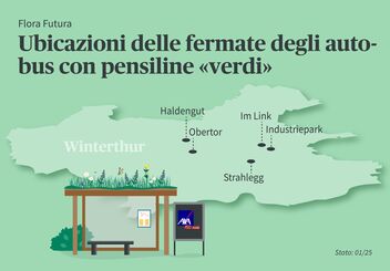 Grafico delle fermate Stanorte in verde. In basso a sinistra la fermata e dietro una mappa di Winterthur.