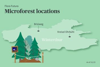 A map of the locations of the microforests in Winterthur. The microforest is at the bottom left.