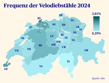 Grafik mit der Frequenz der Velodiebstähle 2024 anhand einer Schweizerkarte