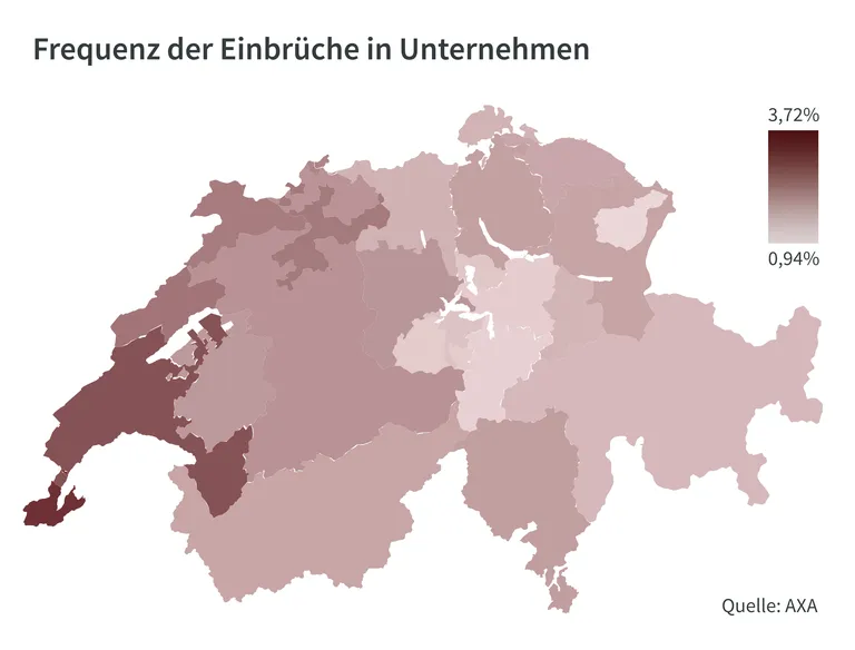 Eine Karte der Schweiz zeigt die Einbruchshäufigkeit in Unternehmen, farblich von 0,94% (hell) bis 3,72% (dunkel) abgestuft.