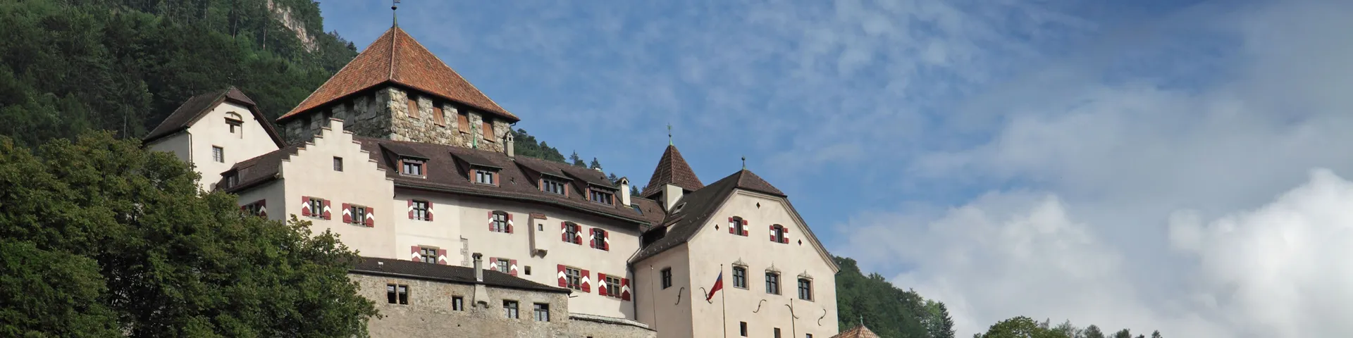 Le château de Vaduz trône sur une colline boisée sous un ciel bleu.
