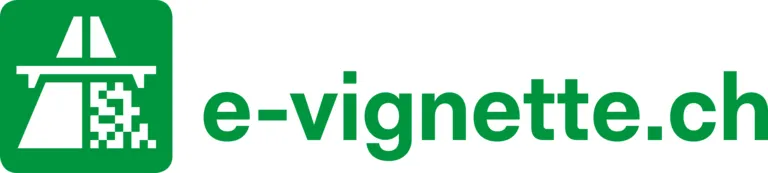 Grünes Logo mit Autobahnsymbol und QR-Code, daneben der Text "e-vignette.ch" in grüner Schrift auf weissem Hintergrund.