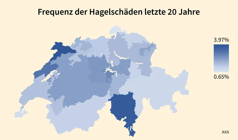 Karte der Schweiz zeigt die Frequenz von Hagelschäden in den letzten 20 Jahren, farbkodiert von hellblau (wenig) bis dunkelblau (viel).