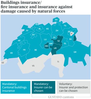 Map of Switzerland shows cantonal differences in building, fire and natural hazards insurance in different colors.