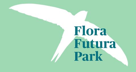 Grafik eines Vogels in weiss, davor steht Flora Futura Park in grün.