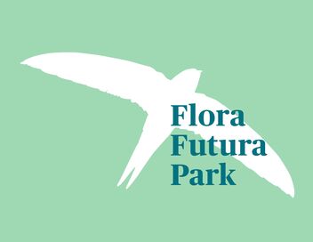 Graphic of a bird in white with Flora Futura Park in green in front of it.