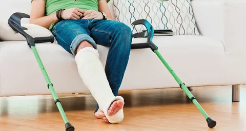 A person is sitting on a sofa with a plastered leg and two green crutches next to it, on a wooden floor.