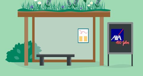 Grafik einer begrünten Bushaltestelle. Auf der rechten Seite steht ein Plakat mit dem AXA 150 Jahre Logo und links steht ein Busch.