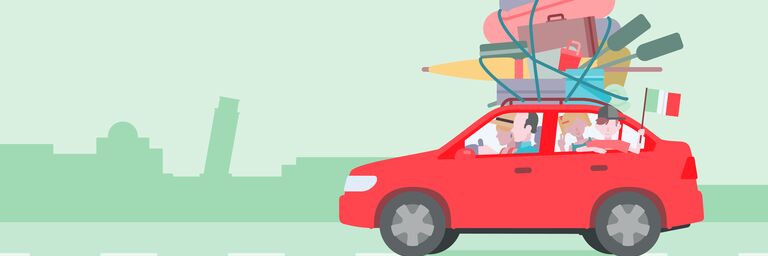 Illustration of a red car with luggage and a kayak on the roof showing a family in front of a skyline, probably Pisa.