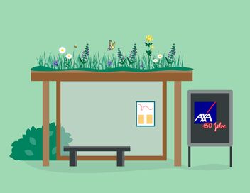 Graphic of a green bus stop. On the right is a poster with the AXA 150 years logo and on the left is a bush.