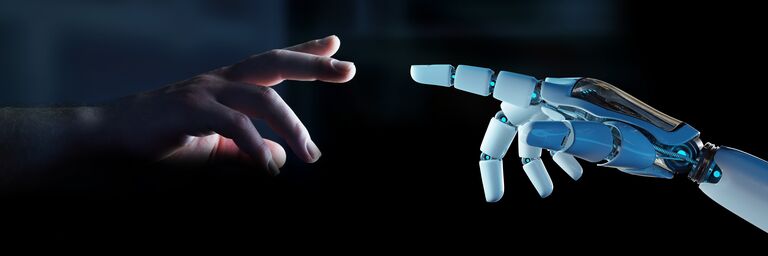 Weisser Cyborg-Finger berührt menschlichen Finger auf dunklem Hintergrund als 3D-Rendering