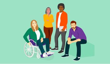 An illustration with four people: a woman in a wheelchair, a man and woman standing and a man sitting. 