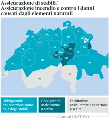 La cartina della Svizzera mostra le differenze cantonali nelle assicurazioni stabili, incendio ed eventi naturali in diversi colori.