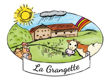 Logo with lettering “La Grangette”, showing a farm, a cow, a hen, sun, rain and a rainbow in a rural scene.