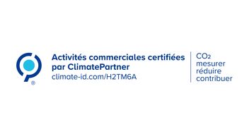 Logo de ClimatePartner avec la mention «entreprise commerciale certifiée», un code QR et le texte «Calculer, réduire, contribuer au CO₂».